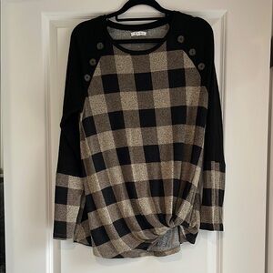 Plaid Long Sleeve Top with Button Accents